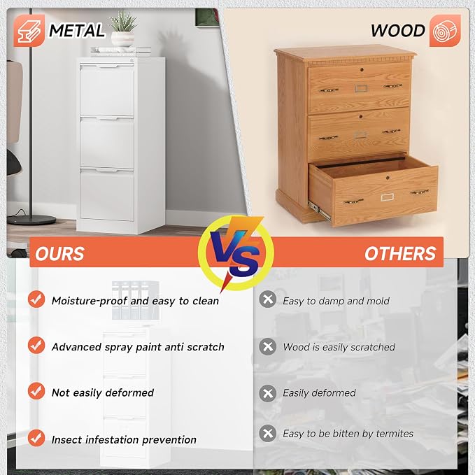 3 Drawer File Cabinet with Lock, Vertical Filing Cabinets - Image 7
