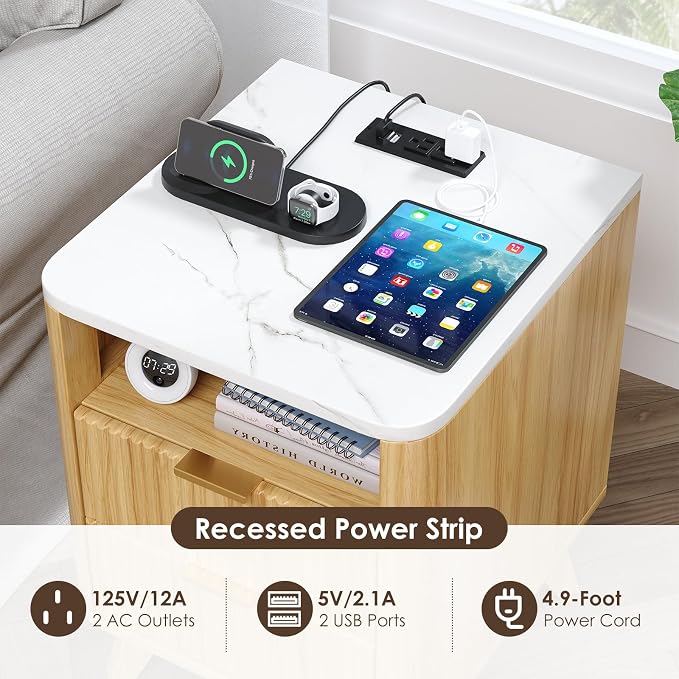 Nightstand with Charging Station, Fluted Nightstand with LED Lights, Modern - Image 3