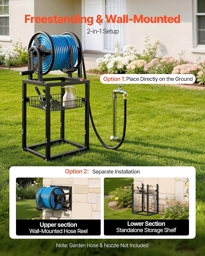 VEVOR Freestanding Garden Hose Reel, Holds 125 Feet of 5/8-inch Hose, Wall - Image 2