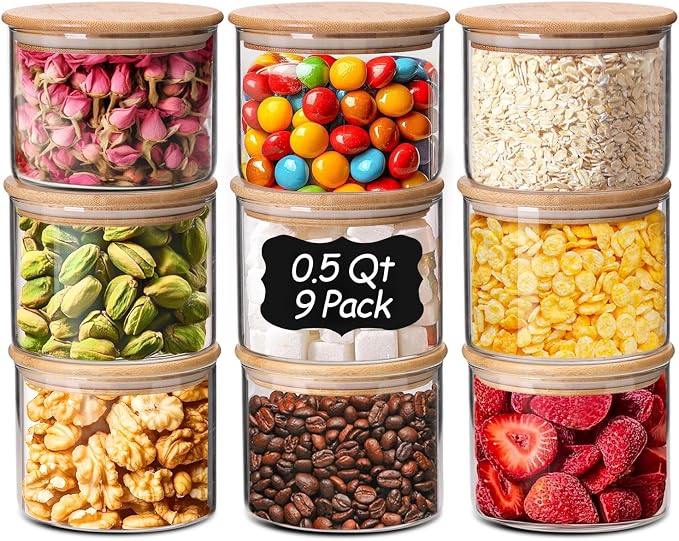 ComSaf 0.5 Qt Glass Food Storage Jars Set of 9, Pantry Organization Jar by ComSaf