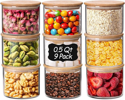 ComSaf 0.5 Qt Glass Food Storage Jars Set of 9, Pantry Organization Jar by ComSaf