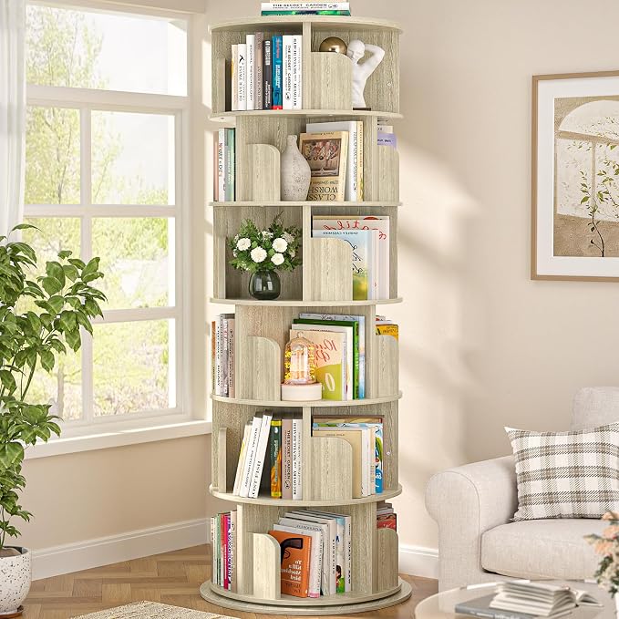 Aheaplus 6 Tier Rotating Bookshelf, Wood Spinning Bookshelf Tower, Round by Aheaplus