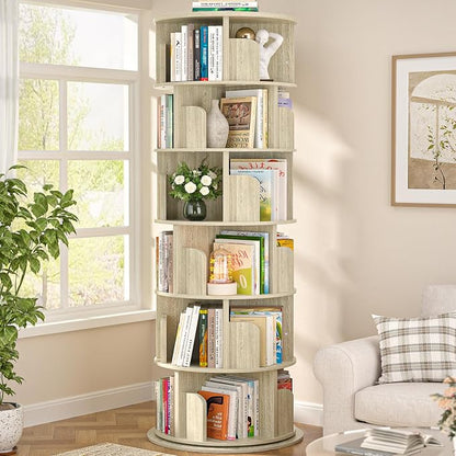 Aheaplus 6 Tier Rotating Bookshelf, Wood Spinning Bookshelf Tower, Round by Aheaplus