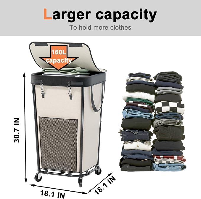 Laundry Basket with Lid and Wheels Rolling Laundry Basket, Removable Laundry - Image 2