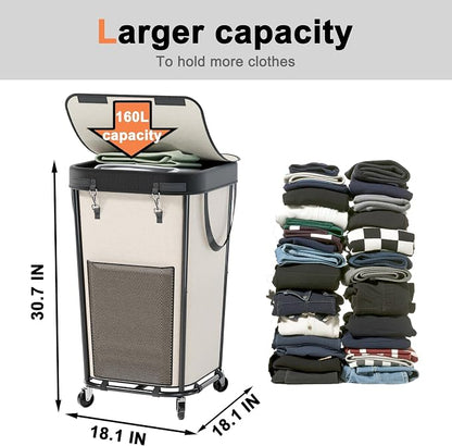 Laundry Basket with Lid and Wheels Rolling Laundry Basket, Removable Laundry - Image 2
