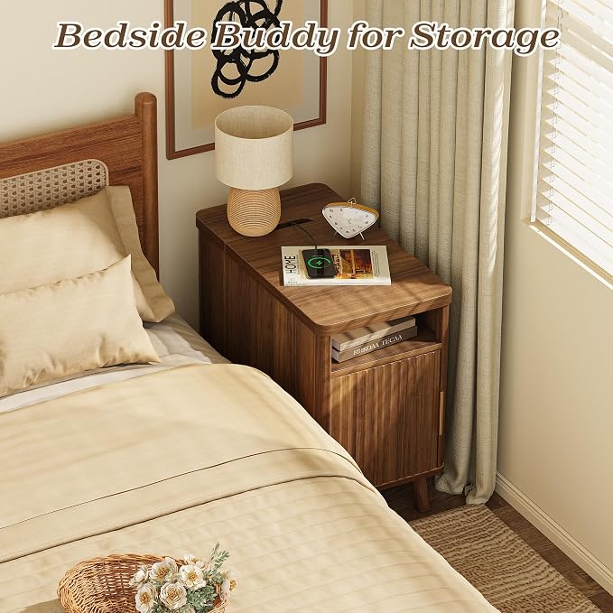 Huuger Narrow Nightstand with Charging Station, USB-C Port, Fluted End Table - Image 7