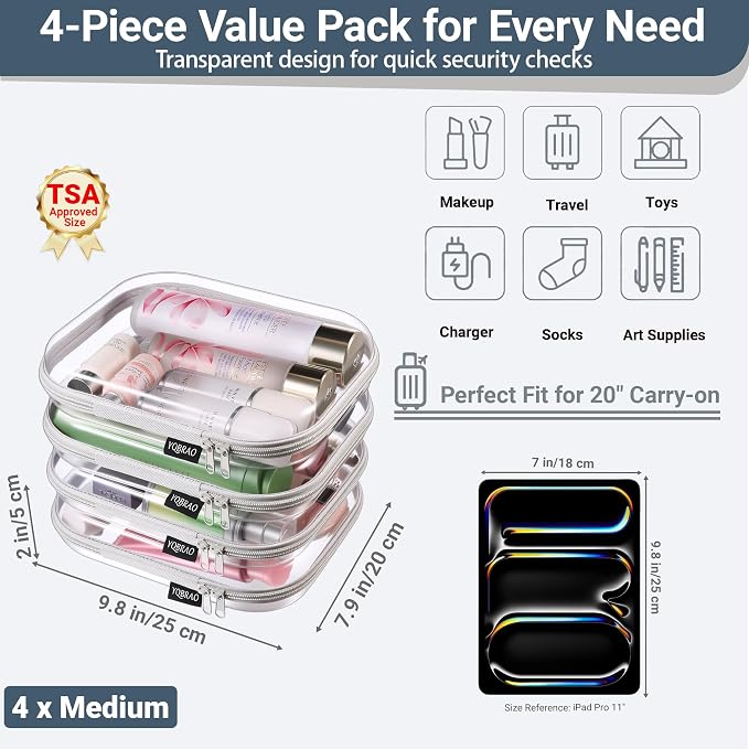 YQBRAO 4-Pack Clear Diaper Bag Organizer Pouches, 1.2mm Ultra-Thick PET Travel - Image 4