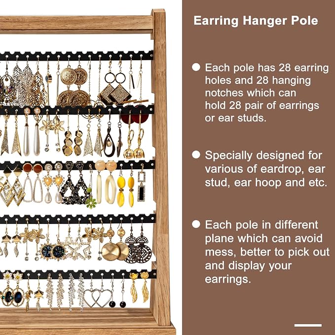 Poyilooo Earring Holder Organizer, Rustic Wood Earring Holder Stand, 5 Layer - Image 3
