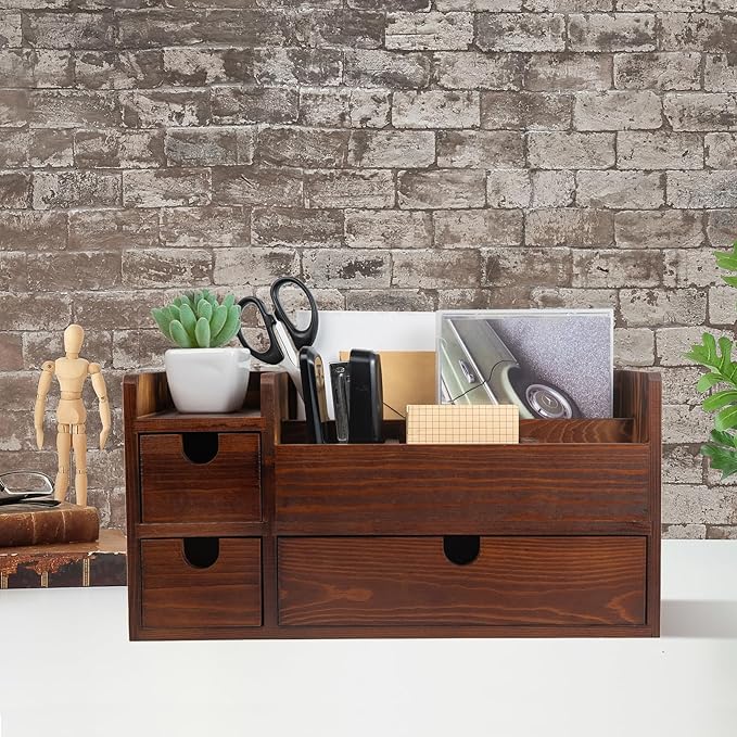 Rustic Brown Wooden Desktop Organizer Drawers Removable Office Supplies Torched by EXOLIRY