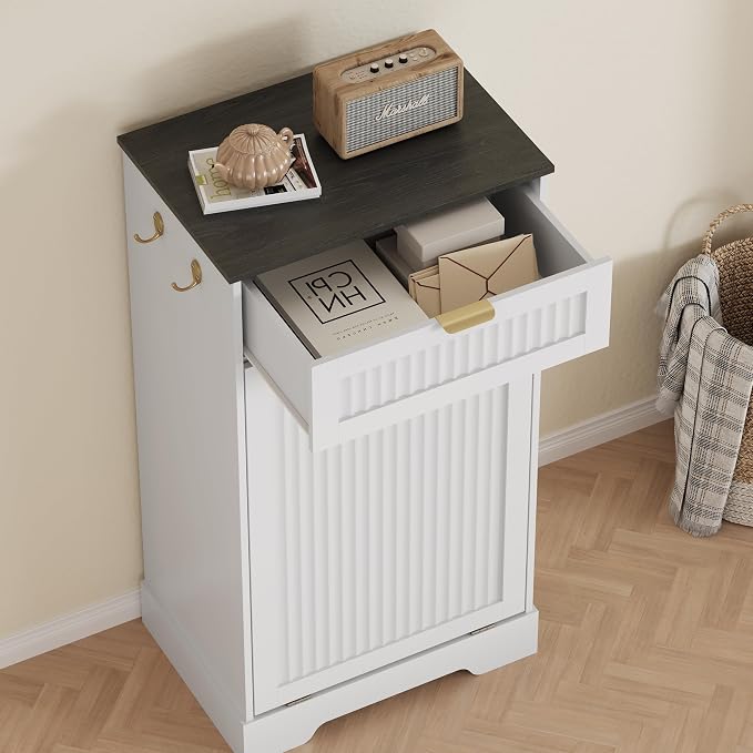 13 Gallons Tilt Out Trash Can Cabinet, Wooden Fluted Trash Garbage Can Cabinet - Image 3