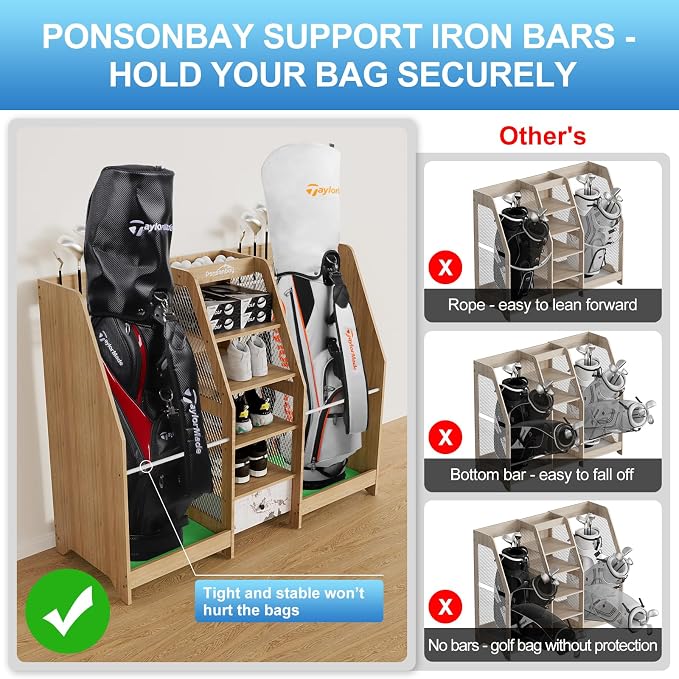 Golf Bag Storage Organizer for Garage, Premium Wooden 2 Golf Bags Rack - Image 5