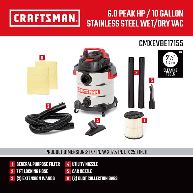 CRAFTSMAN CMXEVBE17155 10 Gallon 6.0 Peak HP Stainless Steel Wet Dry Vac - Image 3
