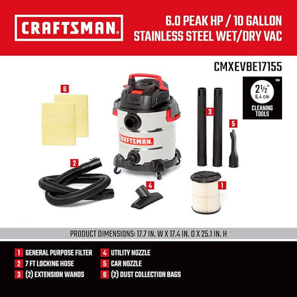 CRAFTSMAN CMXEVBE17155 10 Gallon 6.0 Peak HP Stainless Steel Wet Dry Vac - Image 3
