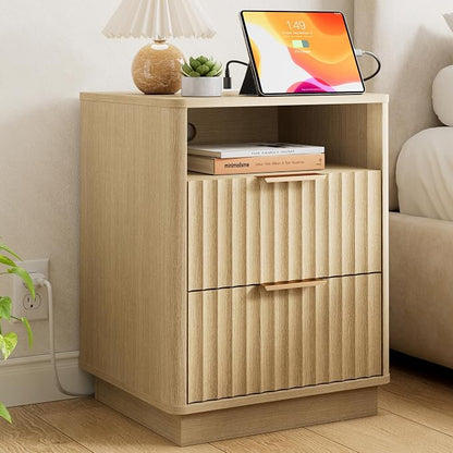 Fluted Nightstand with Charging Station, 2 Drawers End Table with Storage by FavourLife
