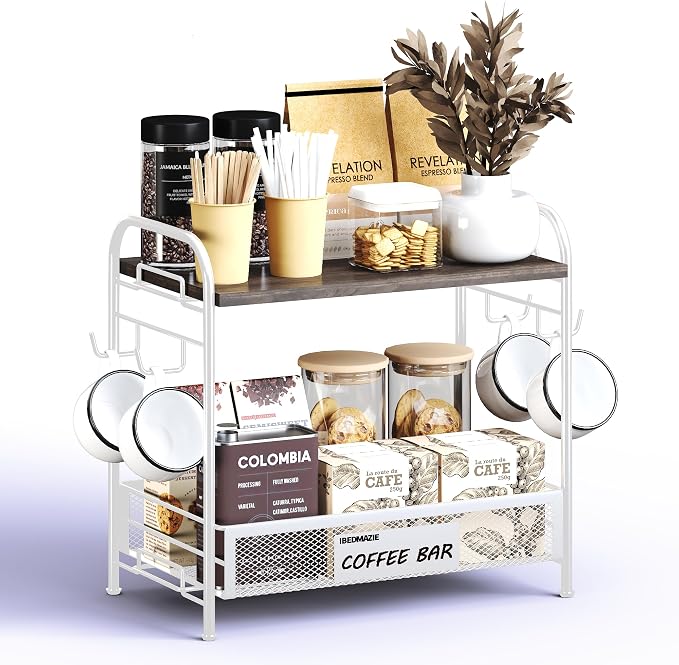 Coffee Bar Organizer for Countertop Station, Simple Assembly 2 Tier Shelf for by IBEDMAZIE