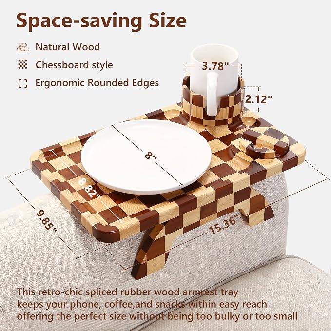 Couch Arm Table, Checkered Carbonized Rubber Wood Sofa Armrest Tray, 3-in-1 - Image 6