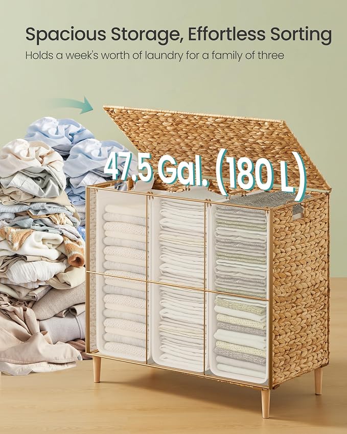 SONGMICS Laundry Hamper 3 Sections, 47.5 Gal. Handwoven Water Hyacinth Wicker - Image 3
