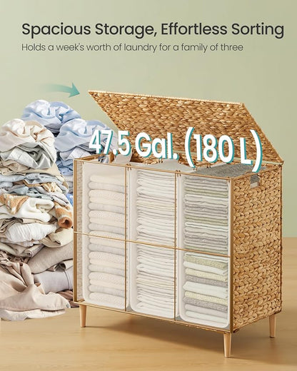 SONGMICS Laundry Hamper 3 Sections, 47.5 Gal. Handwoven Water Hyacinth Wicker - Image 3