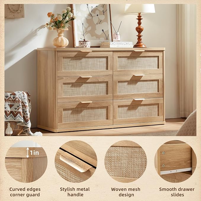 LEYAOYAO Rattan Dresser for Bedroom Set of 2, Boho 48" Wide 6 Drawer Dresser - Image 5