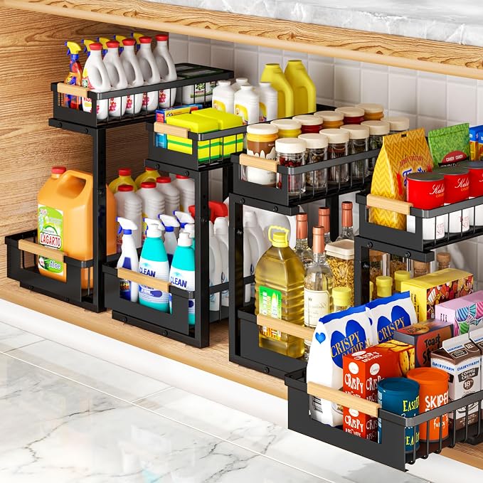4 Pack L-Shape Under Sink Organizer, 2 Tier Pull Out Cabinet Organizer by GUUKAR