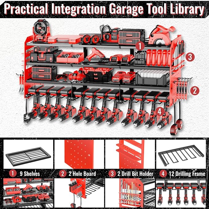 Large Power Tool Organizer Wall Mount-12 Drill Holder, Metal Heavy Duty Garage - Image 3