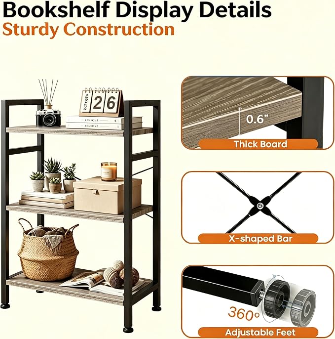 HealSmart 3 Tier Bookshelf, Free Standing Book Shelf Home Office Bookcase Shelf - Image 5