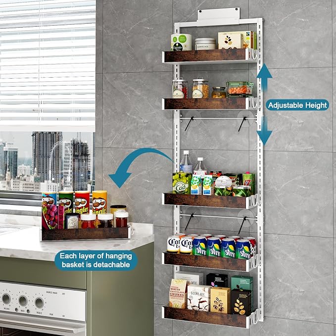 bukfen Over the Door Pantry Organizer, 6-Tier Adjustable Wooden Basket Kitchen - Image 4