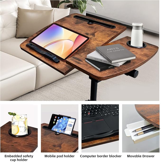 Overbed Table with Wheels Adjustable Height, Tiltable Desktop with Tray - Image 4