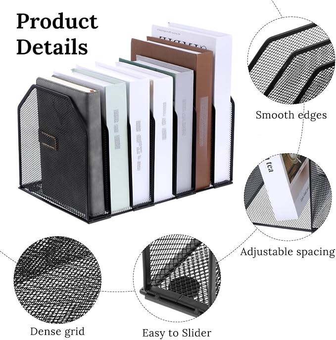 Metal Mesh File Organizer, Adjustable 7 Section Vertical Desk File Holder - Image 3