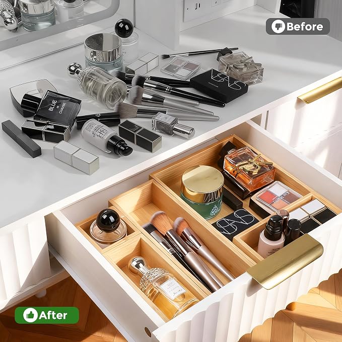 Bamboo Drawer Organizer Set, Junk Drawer Divider and Storage Trays Containers - Image 5