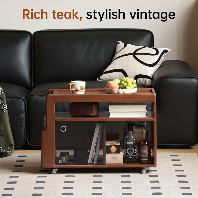 Side Table with Storage, Solid Wood Rolling End Table - Image 3