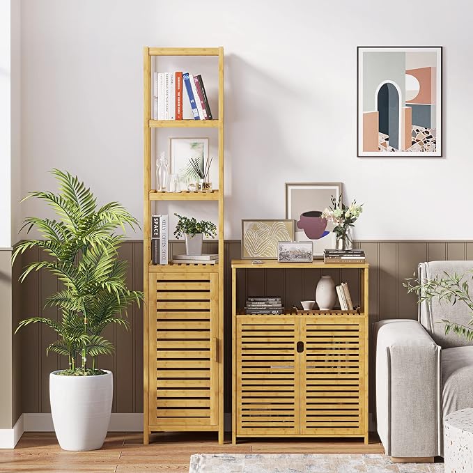 Storage Tall Slim Cabinet with Shutter Door and 3 Tier Shelves, Freestanding - Image 9