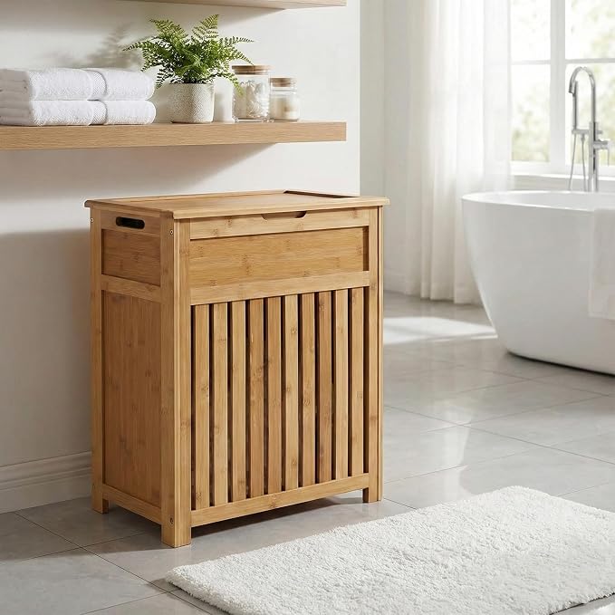 Redmon Bamboo Top Load Full Size Clothes Hamper, Side Handles, Double Hinged - Image 4