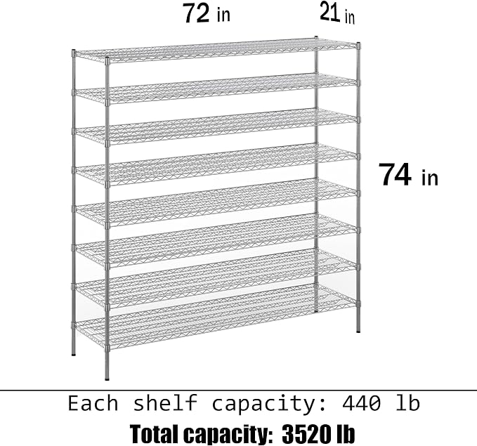 21" Deep x 72" Wide x 74" Height Wire Shelving Kit | 8-Tier | NSF Commercial - Image 3