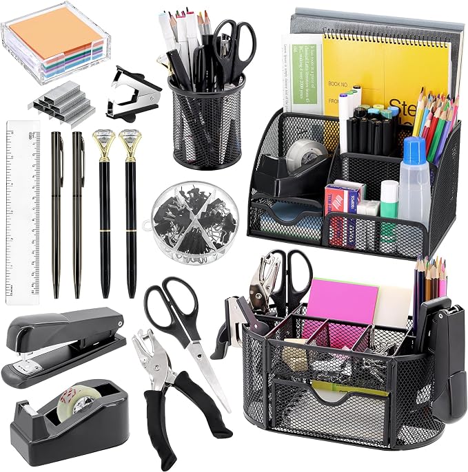 17 in 1 Black Desk Organizers and Accessories Set, 3 Office Desk Supplies by Froidesente