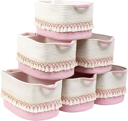6 Pack Storage Basket for Shelves, Boho Cotton Rope Storage Bins by Degeyoyo