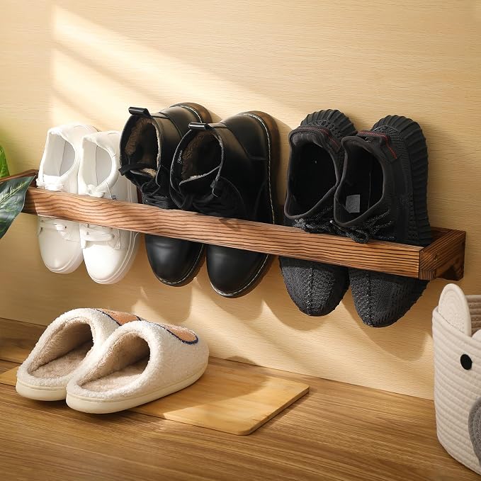 Wenqik 2 Pcs Wall Mounted Wooden Shoe Rack 30 Inch Rustic Wood Wall Hanging - Image 4