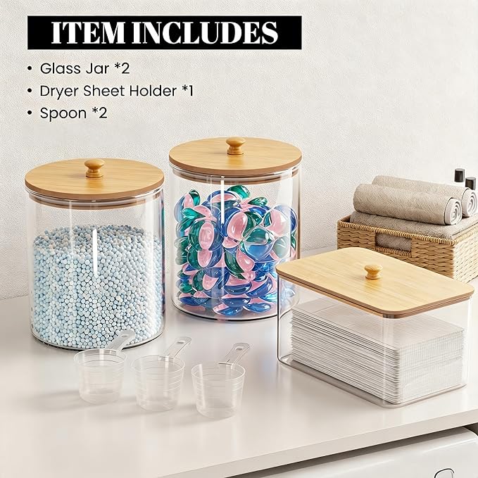 2+1 Pack Glass Laundry Pods Container & Acrylic Dryer Sheet Holder, Powder - Image 4