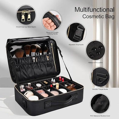 Travel Makeup Bag with Brush Holder, Professional Cosmetic Train Case Organizer - Image 3