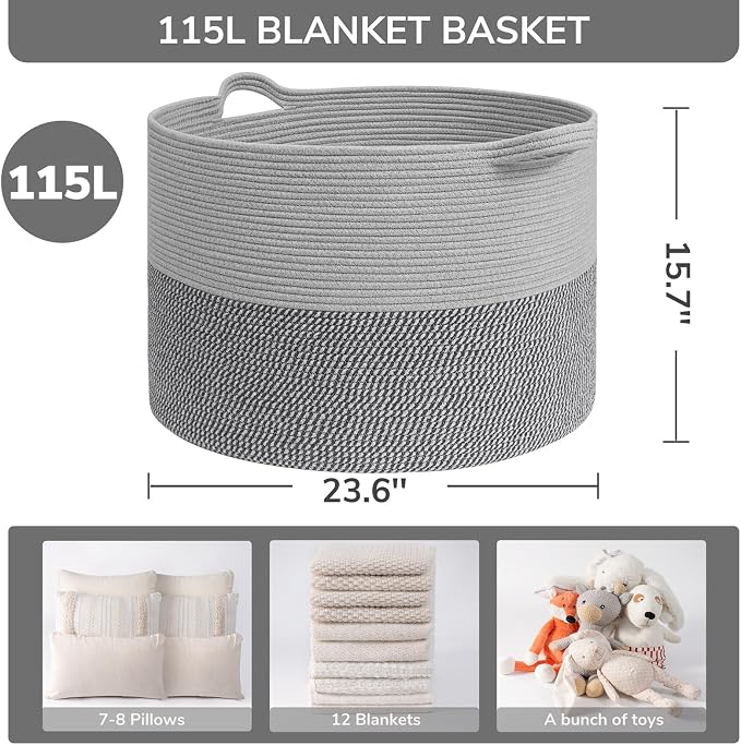 INDRESSME 115L Extra Large Blanket Basket, Cotton Rope Basket - Image 2