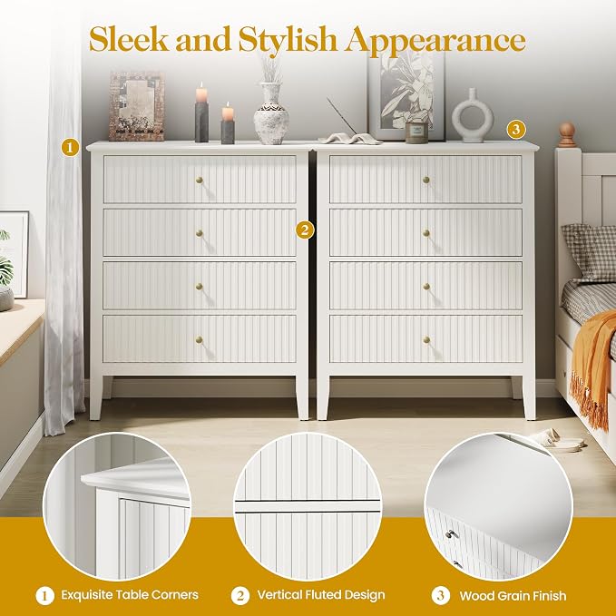 White Fluted 4 Drawer Dresser Set of 2 - Image 4