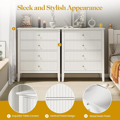 White Fluted 4 Drawer Dresser Set of 2 - Image 4