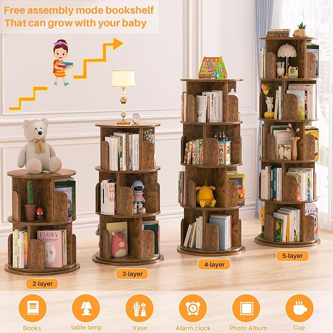 Aheaplus Rotating Bookshelf, 360 Display Wood Spinning Bookshelf Tower - Image 6
