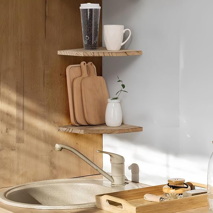 Joiishom Wood Corner Wall Shelves Set of 2, Solid Wood Corner Floating Shelves - Image 5