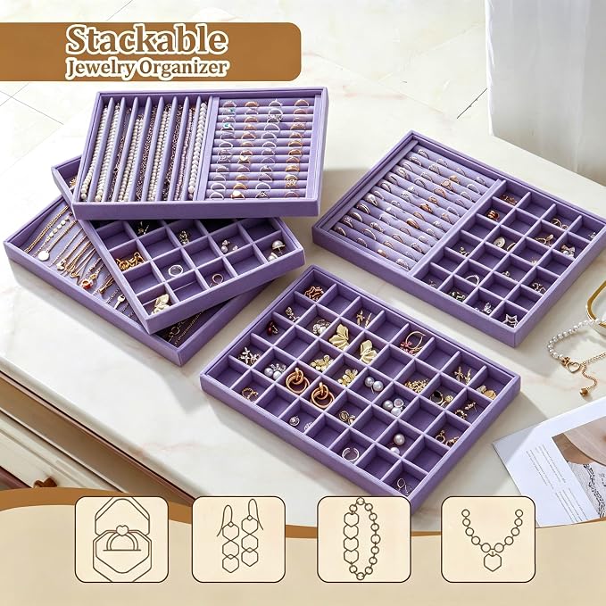 Large Velvet Jewelry Tray 2 Pack Stackable Jewelry Display Drawer Inserts Trays - Image 6