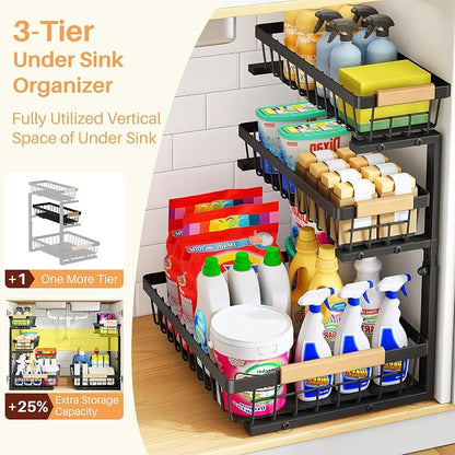 PXRACK Under Sink Organizer, 3-Tier 2-Pack Adjustable Height Pull Out Under - Image 3