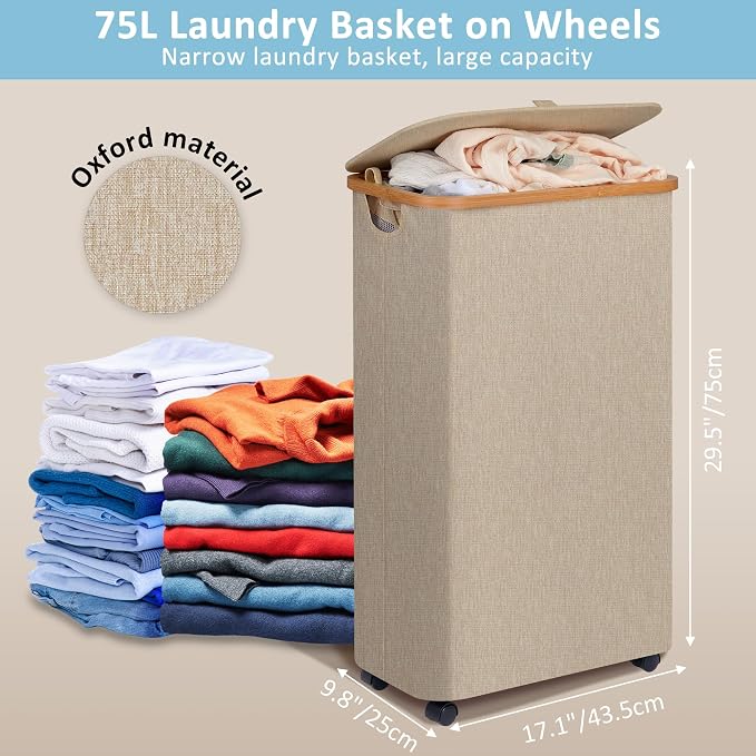 efluky Laundry Basket with Wheels, Tall Rolling Laundry Hamper with Lid and - Image 4