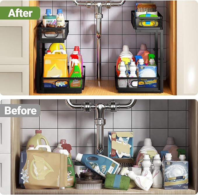 Under Sink Organizer 2-Pack, Metal 2-Tier Pull-Out Cabinet Shelf - Image 5