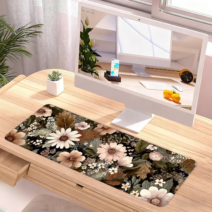 Vintage Beige Floral Mouse Pad – Large Extended Desk Mat 31.5 x 11.8 in– - Image 2