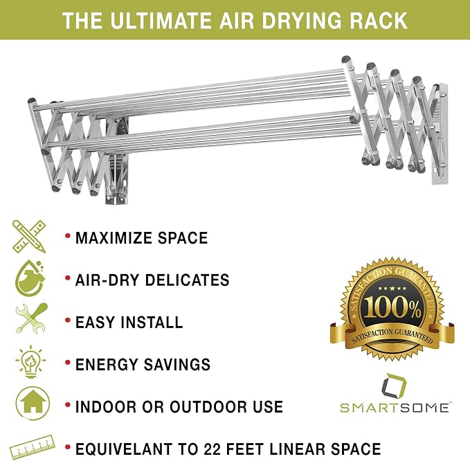 Smartsome | Wall Mounted | Clothes Drying Rack | 34" Wide | 22.5 Linear Feet - Image 8